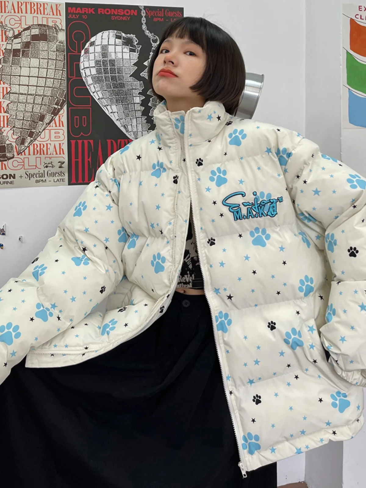 

Full print cat claw standing collar cotton jacket for women in 2023 winter new loose fitting bf American college coats thickened