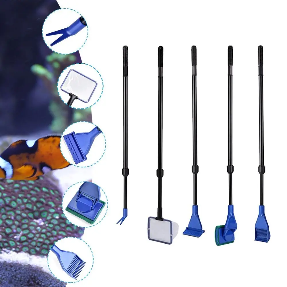 Durable Plastic Tank Glass Cleaning Brush Adjustable Extension Handle Fish Tank Brush Retractable 5-in-1 Cleaning Set