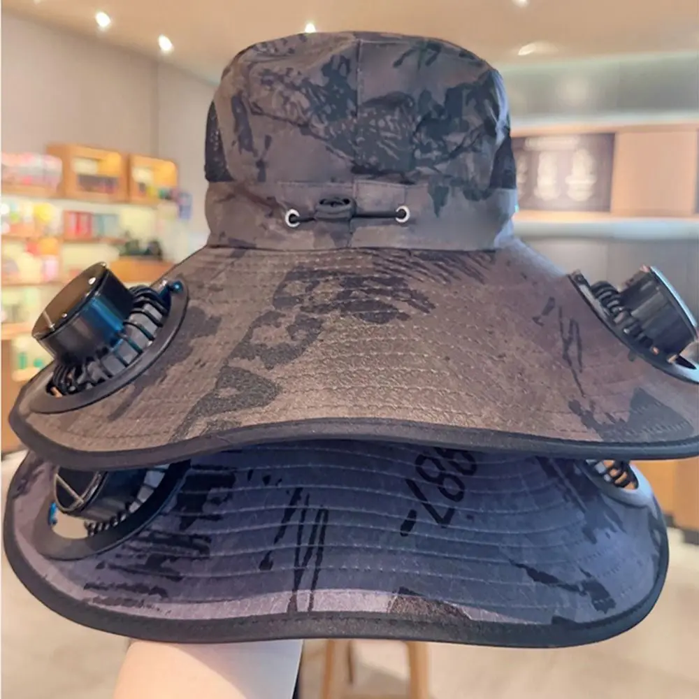 

Convenient UV Protection Sun Hat with Solar Fan Camouflage 3 Speeds Wide Brim Sun Cap Rotable Quickly Dry Sun Bucket Hat Men