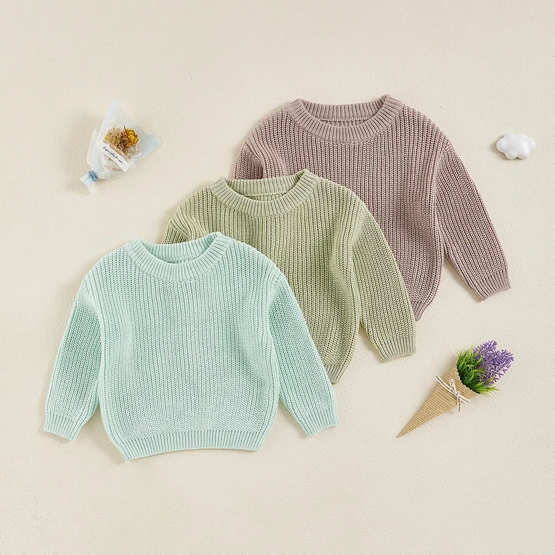 Autumn Winter Boys Girls Warm Sweaters Crew Neck Long Sleeve Pullover Loose Knitted Tops Newborn Clothes