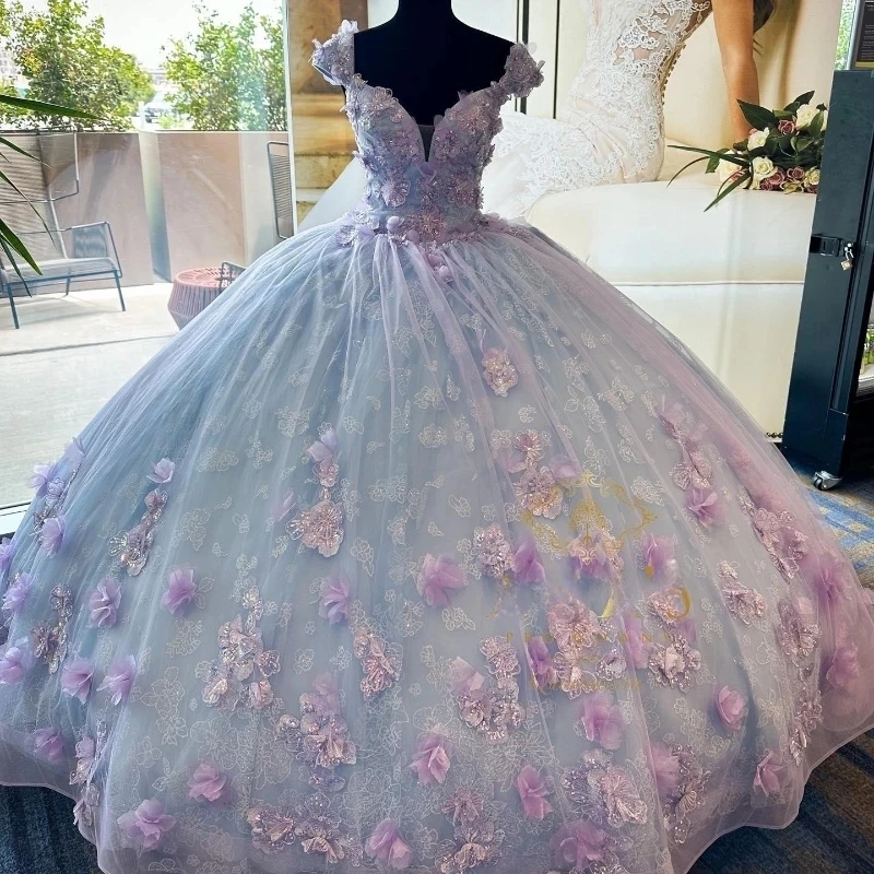 

Sky Blue Princess Quinceanera Dress 2024 3DFlower Applique Bead Crystal Birthday Prom Sweet 16 Gown Vestidos De 15 Años