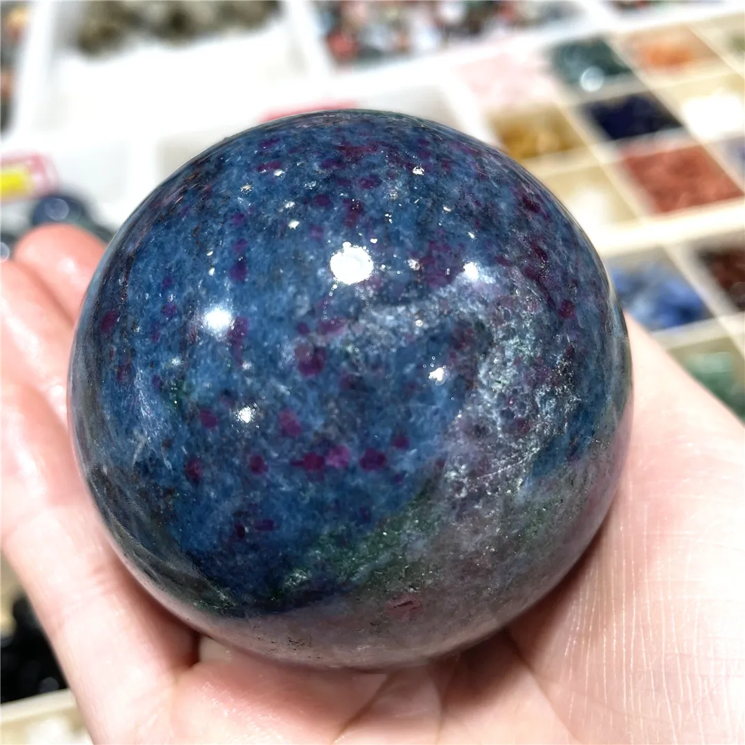 Natural Gemstones Mineral Sphere Red Fluorescence Blue Green Epidote Quartz Ball Zoisite Meditation Collection Stones Strange