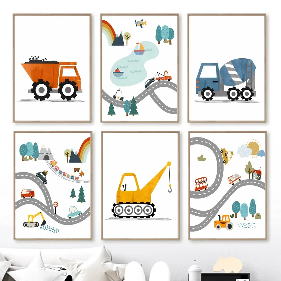 Modern Nordic Style Canvas Print Painting Poster Cartoon Car Letter Number Children Wall Picture Art Studio Kids Room Home Decor