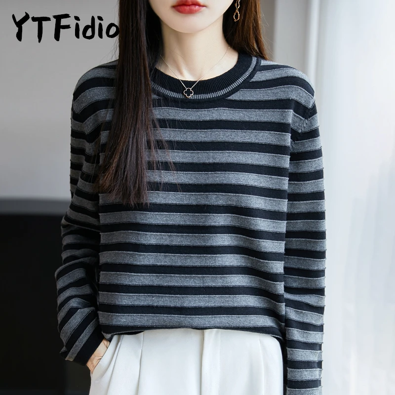 YTFidio, 100% хлопок, женский полосатый пуловер с круглым вырезом, роскошная дизайнерская одежда, женская одежда больших размеров, распродажа 416 YTFidio, 100% хлопок, женский полосатый пуловер с круглым вырезом, роскошная дизайнерская одежда, женская одежда больших размеров, распродажа 416