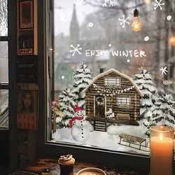 Double-Sided Christmas Window Clings Stickers for Glass, Winter Cabin in Snowy Forest Static Cling Decal for Xmas Home Decor