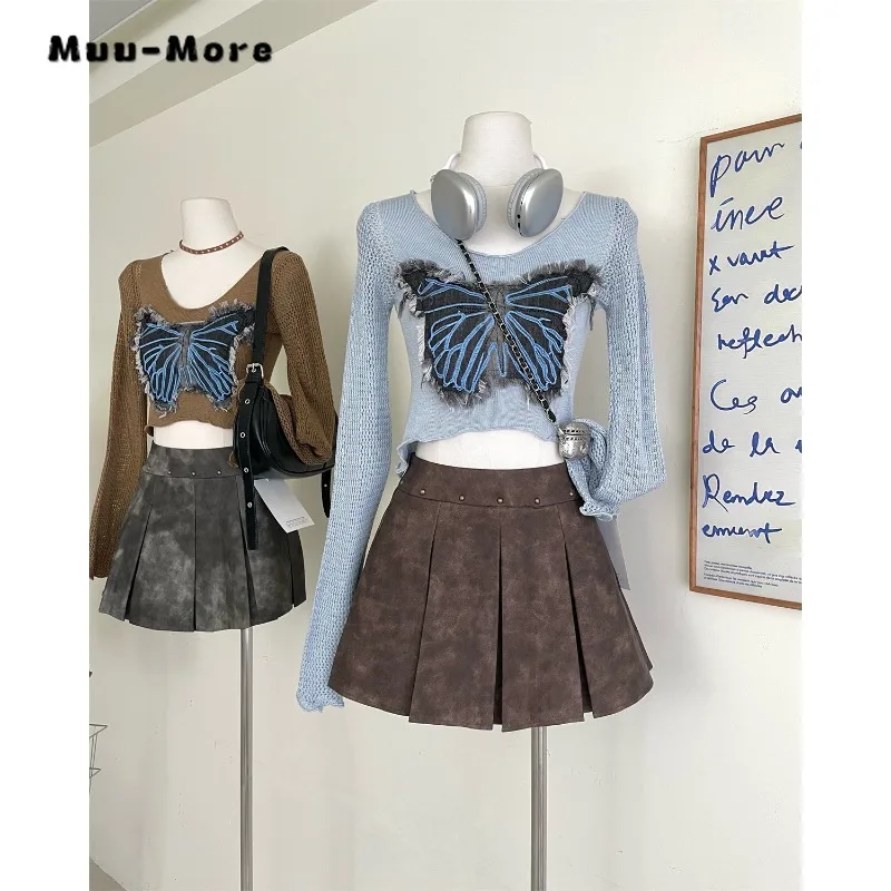 

Hotsweet Dress Set 2023 New Fashion Two Piece Set Women Crop Tie-dye Mini Skirt Patchwork Butterfly Ruffled Top Y2K Skirt Suit