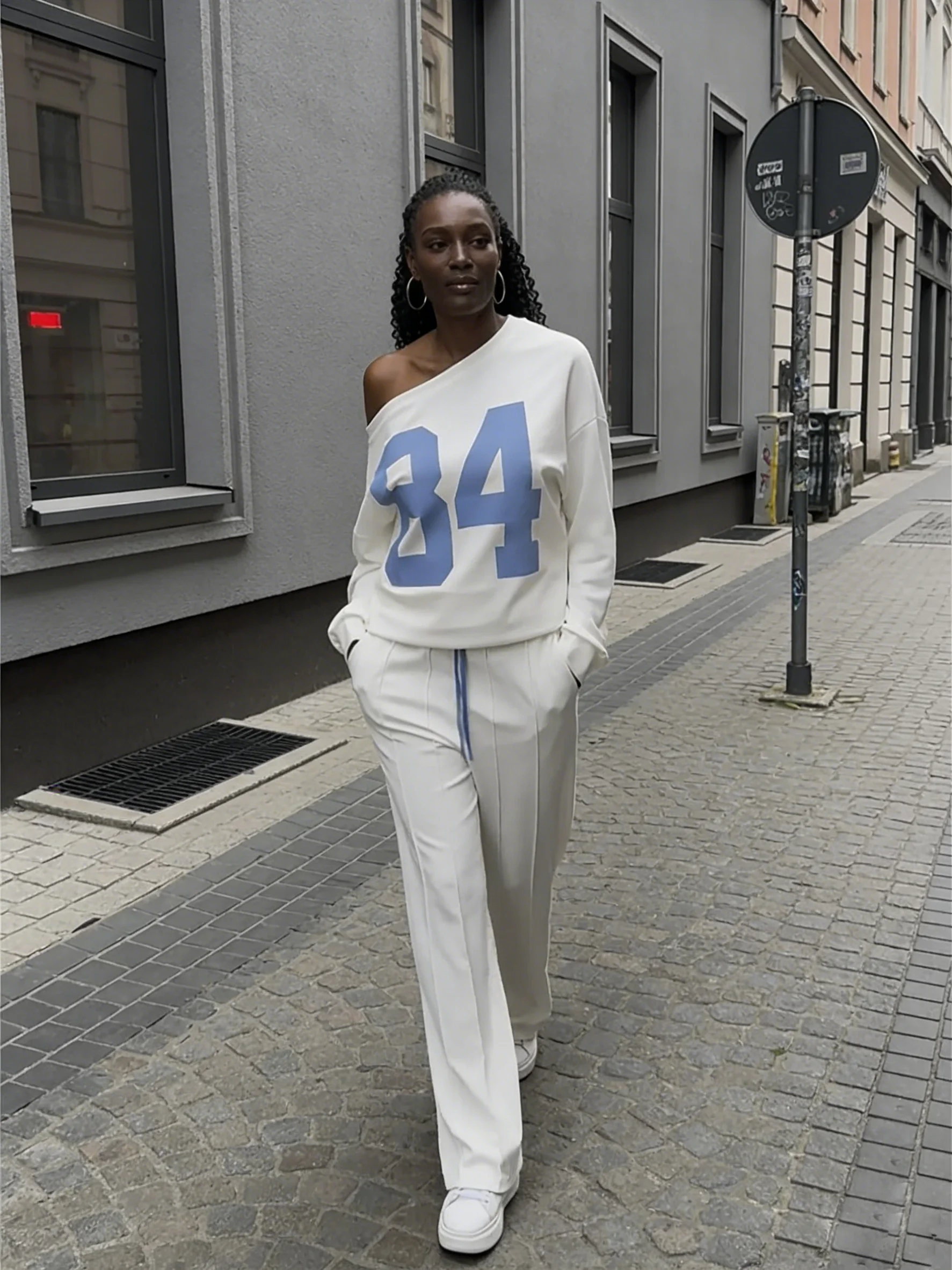 春と秋の女性用デジタルプリント長袖トップスとポケット付きウエストバンド付きパンツ