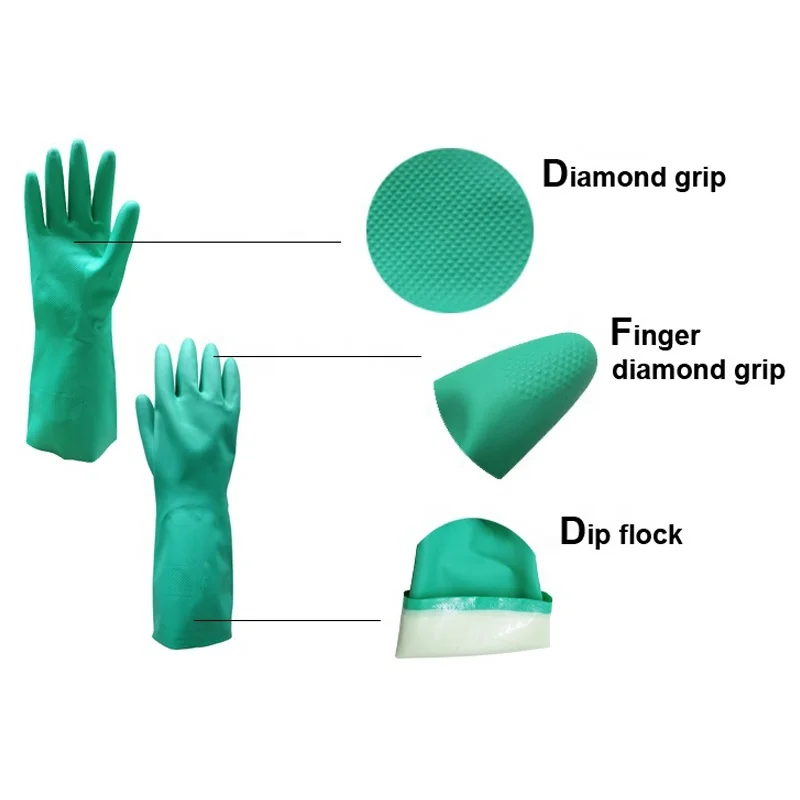 Durable Green work clean room safety hand ppe chemical resistant Flocking Lining 15mil Nitrile Glove