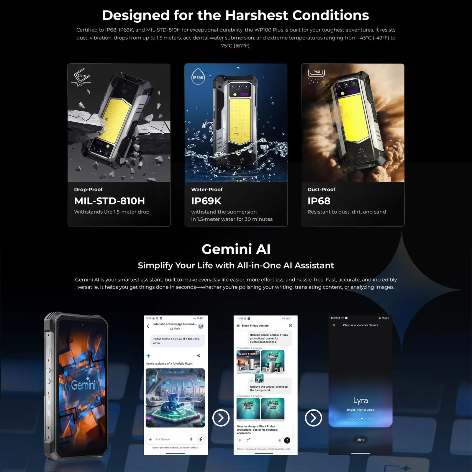 Oukitel WP100 Plus Rugged Phone 12GB+512GB Night Vision 33000mAh 6.8'' Android 16 MTK G100 NFC 4G Camping Lighte NFC Smartphone
