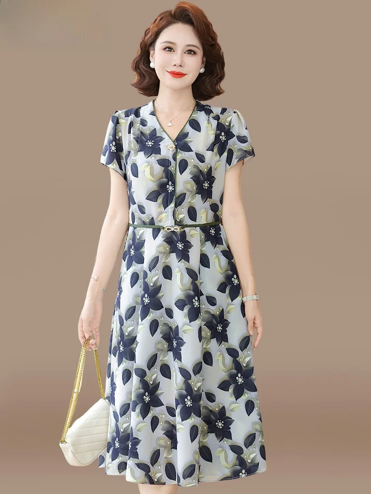 

Ele Mommy Summer Dr 2025 New Sle Midi Length ort Sve Chiffon Skirt Faionable And Respective for Middle-Aged W...