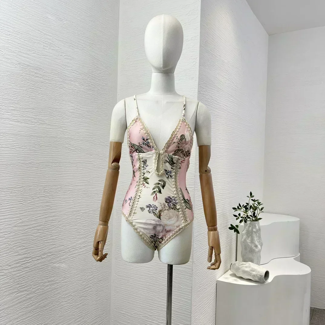 2024 New Holiday Vacation Seaside Pink Flowers Leaf Print Sleevless Swimsuit Cross Tie Back