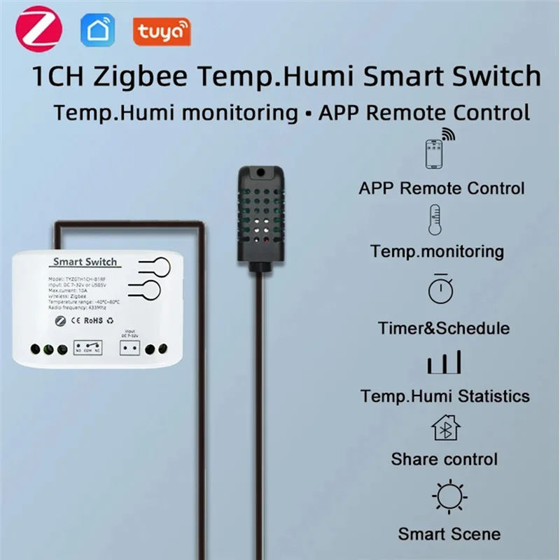 

REPLA-Tuya Zigbee 1-клавишный интеллектуальный переключатель с датчиком температуры и влажности, приложение Tuya Smart Life, пассивное сухое контактное реле