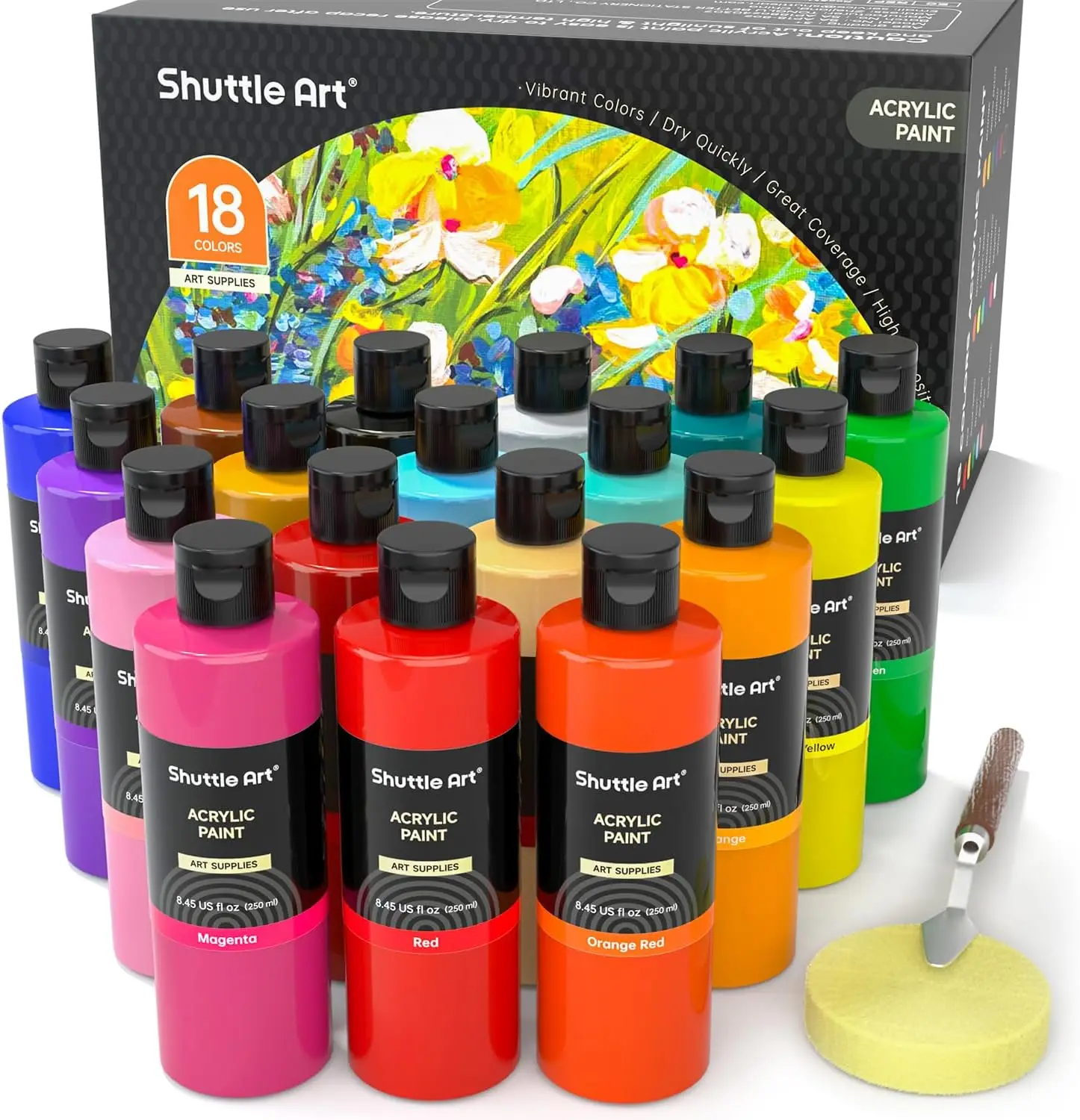 

18 Colors Acrylic Paint Bottle Set (250ml/8.45oz), Rich Pigmented Bulk Painting Supplies for Artists, Beginners and Kids on