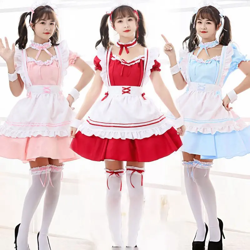 

Japanese Maid Lolita Uniform Dress Cosplay Costume Girl Cos Cute Fancy Suits Red Pink Blue Black for Christmas Halloween Party