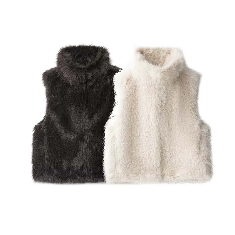 

Women Autumn Winter Faux Fur Waistcoats Stand Collar Vest Coat Straight Streetwear Sleeveless Vests Warm Female Outwears