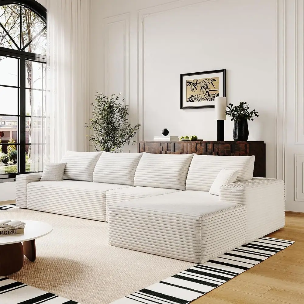 

Large 135.4 L-Shape Sectional Sofa with Chaise, Deep Seating, Corduroy Fabric, Pet-Friendly (White, Right-Facing)