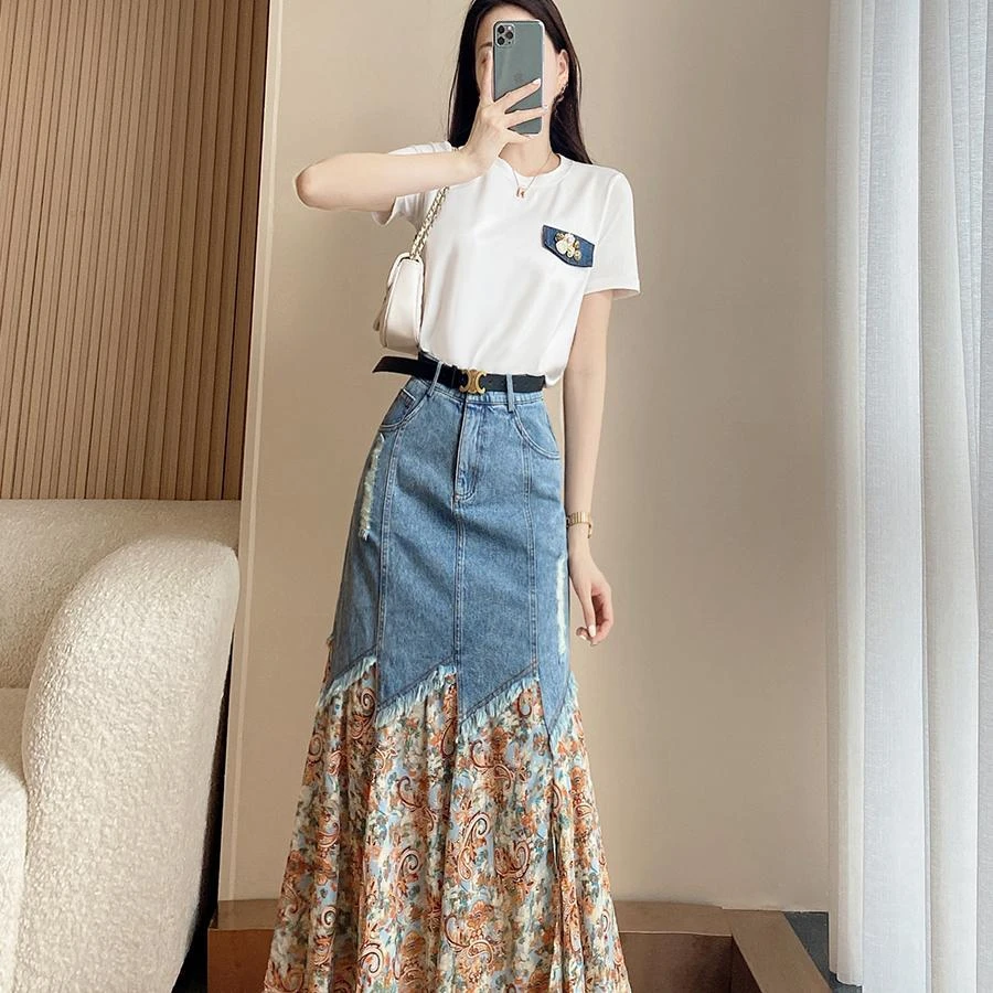 Flare Woman Denim Skirt Sweetsweet Midi Jeans Skirts for Women Modest Korean Style Streetwear Stylish Harajuku Vintage V Y2k