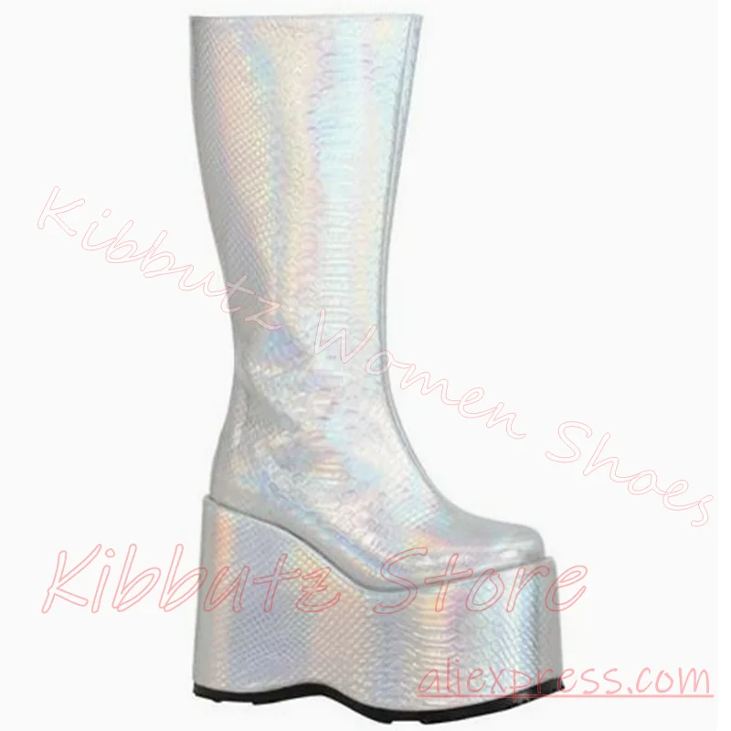 Super High Platform Boot Knee High Women Side Zipper Snake Embossed Punk Festival Streetwear Fashion Shoes Solid Color Elegant