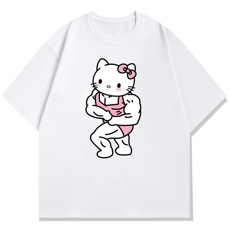 

Muscle Fitness Kitty Cartoon Spoof Printed Cotton Short Sleeve T-Shirt Flower Ladies Plus Size Loose Casual Versatile Top