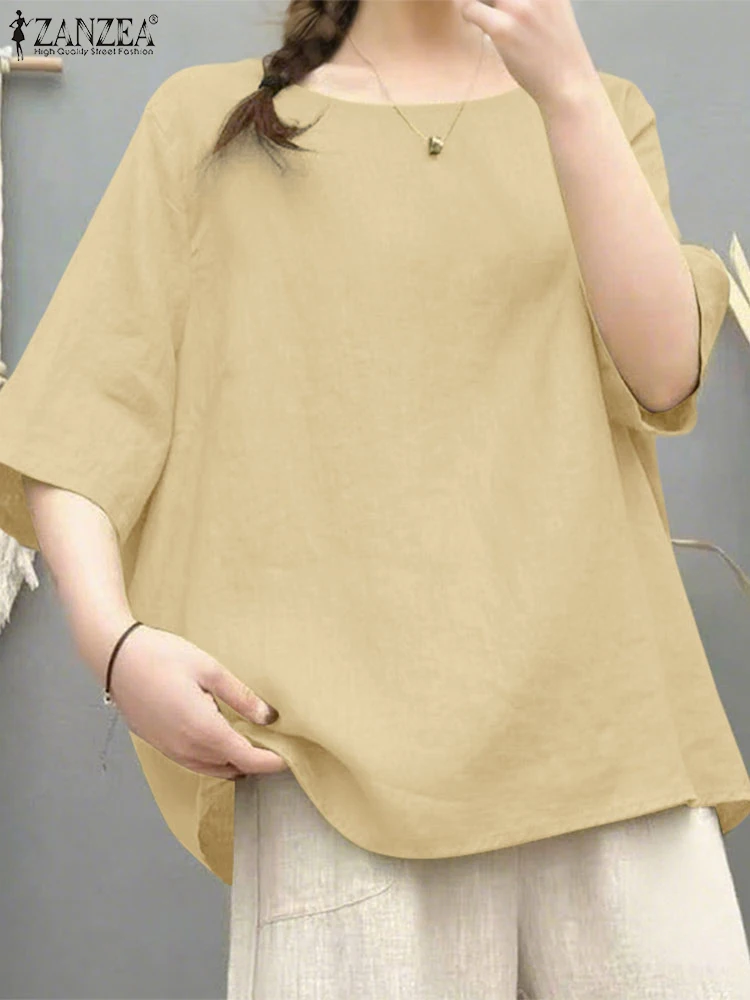 Casual Losse Blouses Vrouwen Katoen Linnen Tops Effen Kleur Tuniek 2025 ZANZEA Mode Half Mouw Blusas Lente O-hals Trui