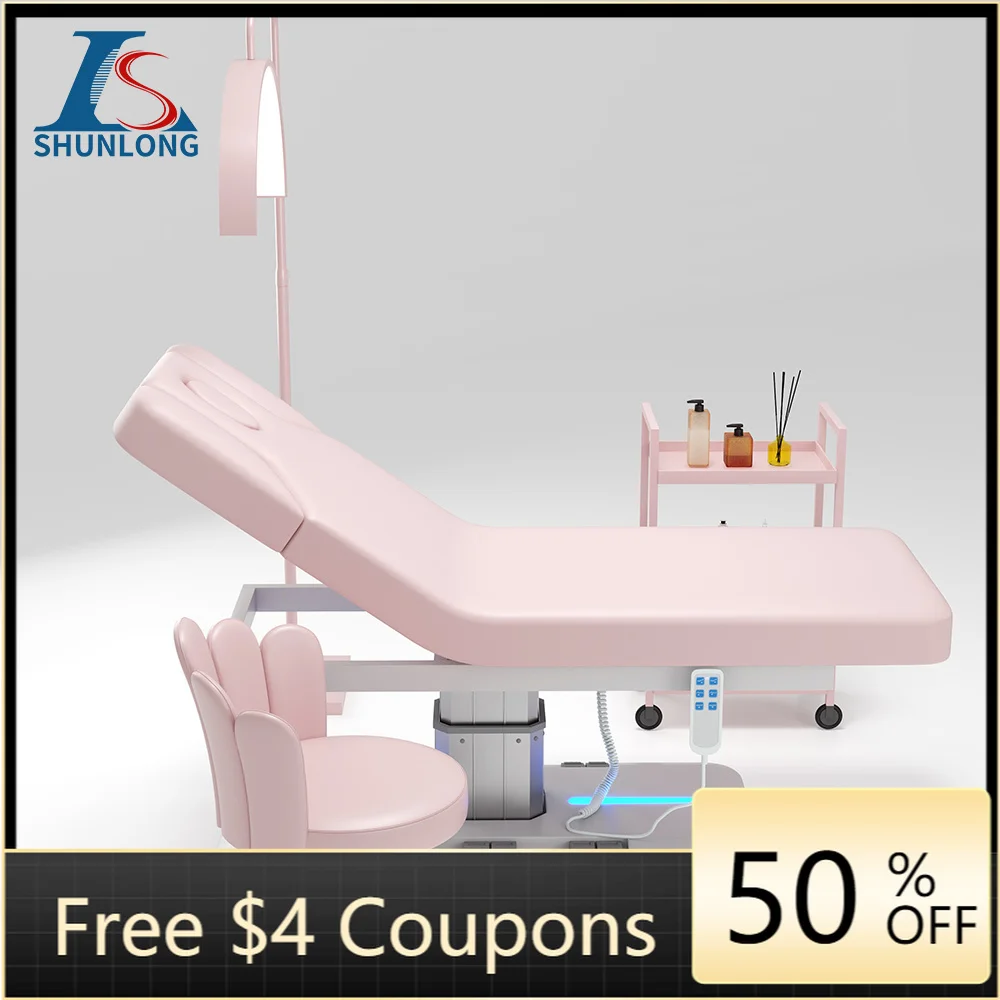 Electric Facial Bed Pink PU Single Aluminum Column Lift LED Light Reclining Beauty Massage Table With Pink Technician Chair and