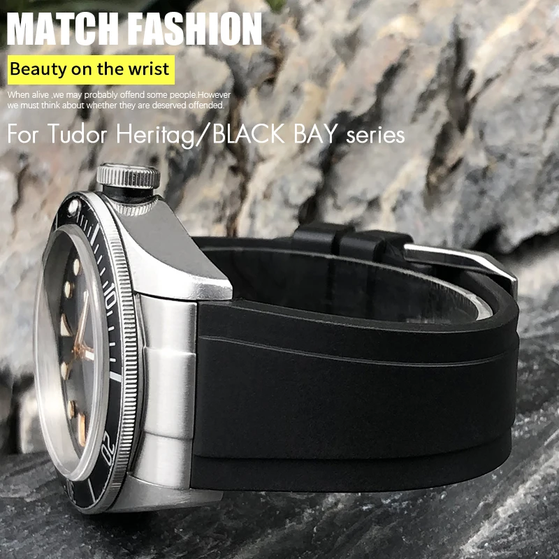 20mm 22mm Fluororubber FKM Rubber Curved End Link Soft Watchband for Tudor Black Bay 1958 Black Watch Strap Folding Buckle