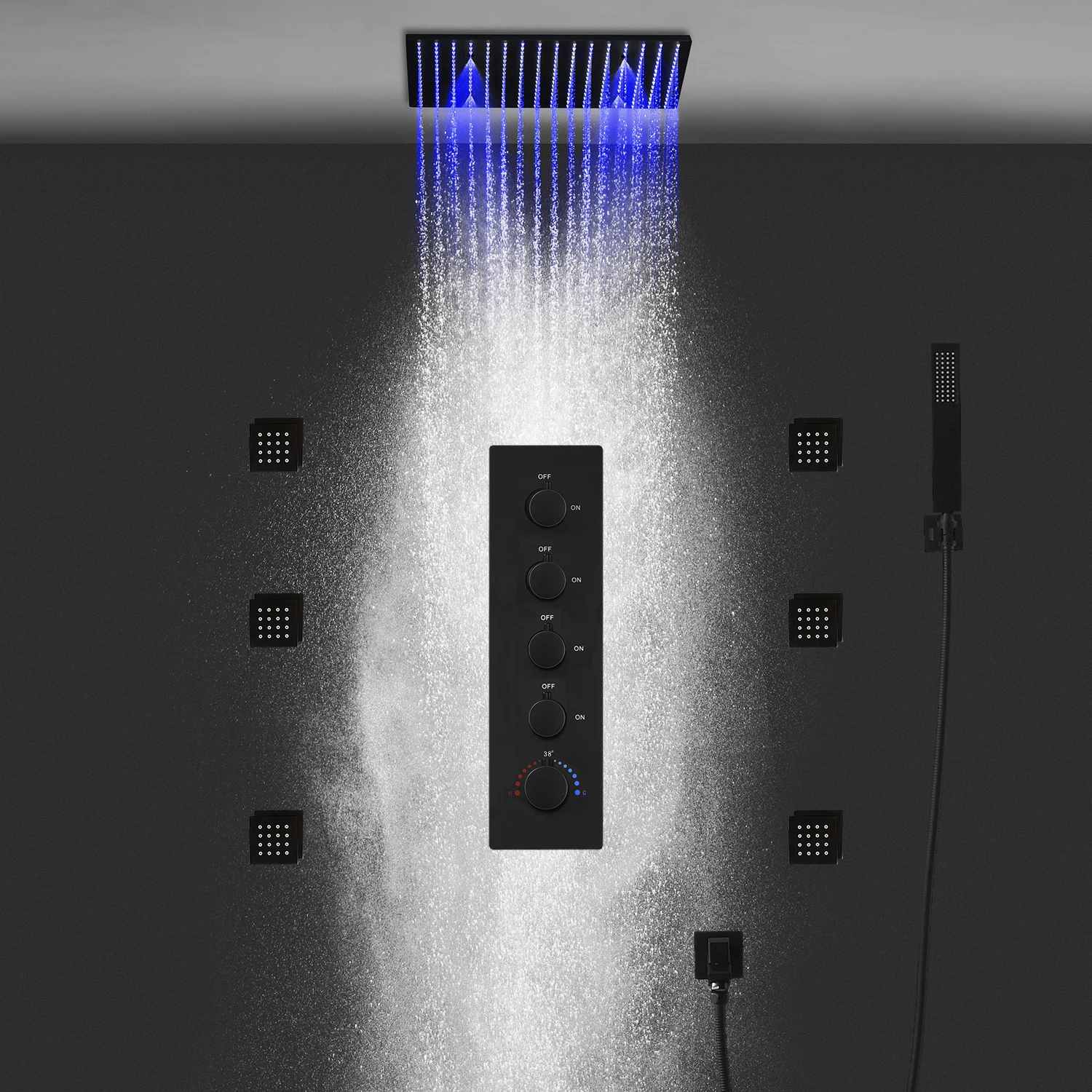 Imagem -02 - Luxo Led Conjunto de Cabeça de Chuveiro Spray de Névoa de Chuva Temperatura Constante Misturador de Válvulas com Jatos de Massagem Lateral 16 20 400 mm 500 mm