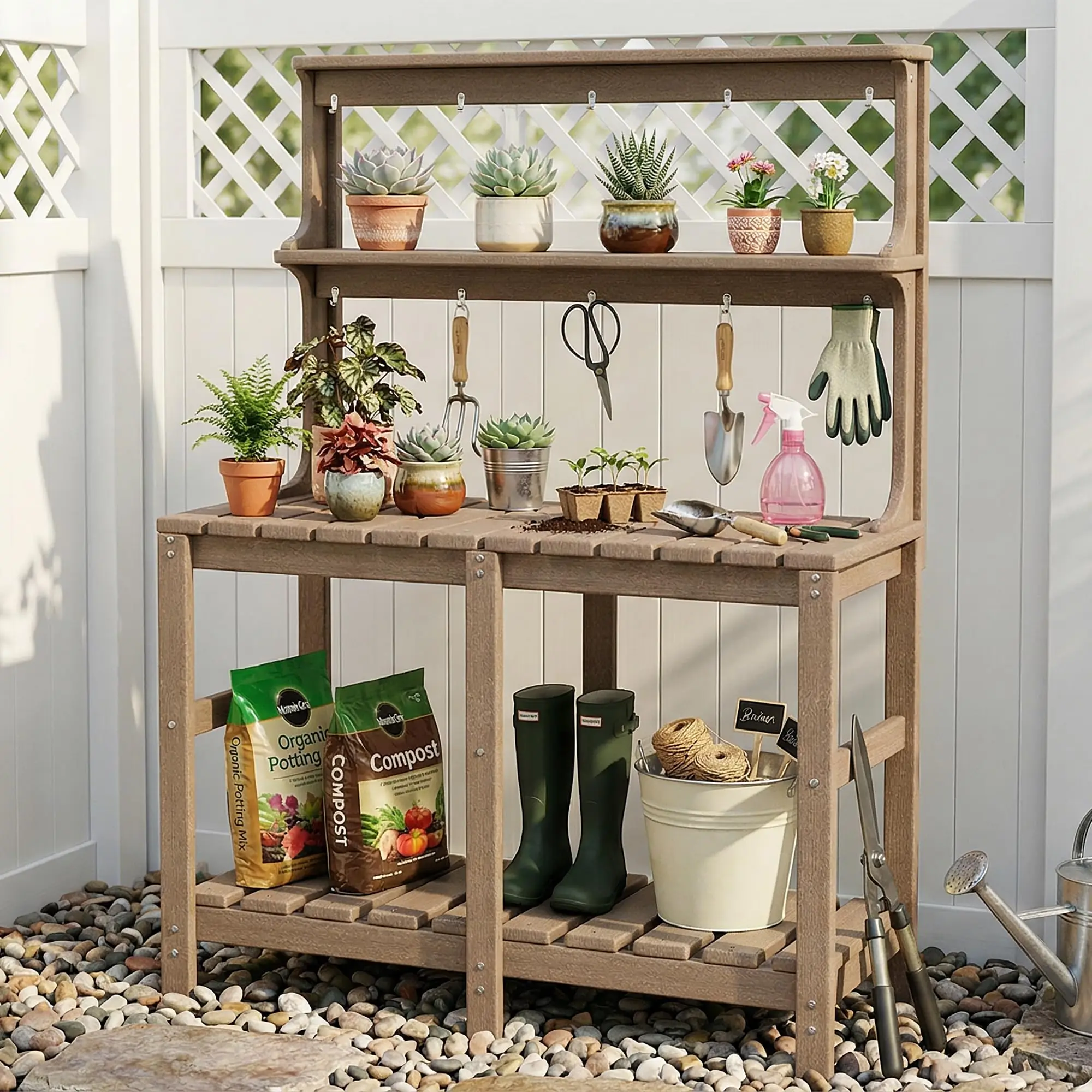 Outdoor Potting Bench with 3 Tier, All-Weather Patio Potting Table with Tool Hooks, HDPE Gardening Table for Backyard
