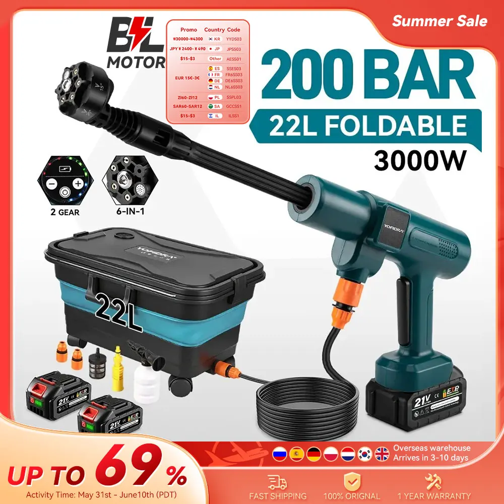 YOFIDRA 200Bar Brushless High Pressure Washer Electric Water Gun With Bucket Car Cleaner Spray Gun For Makita 21V Battery Pin