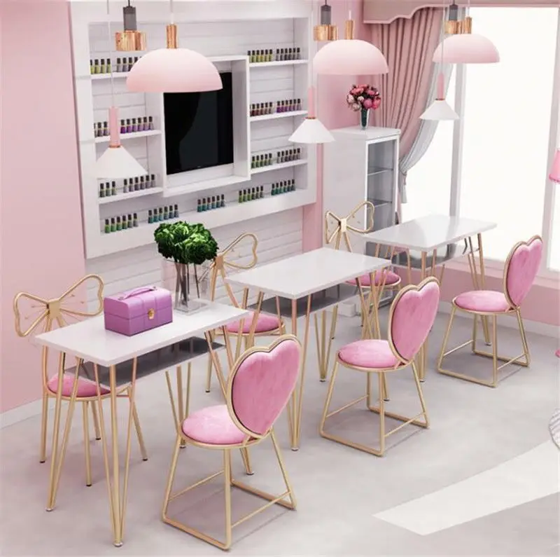 &c Nordic Double-layer Nail Table, Beauty Salon Golden Iron Solid Wood Manicure Table and Chair Set