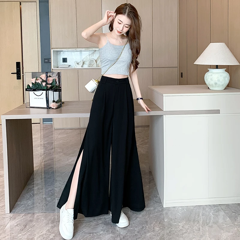 Chic Side Split High Waist Wide Leg Pants For Women Korean Fashion Summer Loose Dance Pants Straight Casual Female Long Trousers