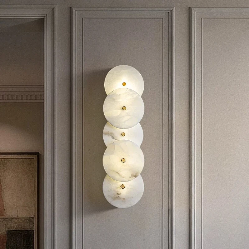 Alabaster Natural Stone Circle LED Wall Pendant Light Restaurant Bedsides Corridor Wall Chandelier Home Decor Indoor Sconce Lamp