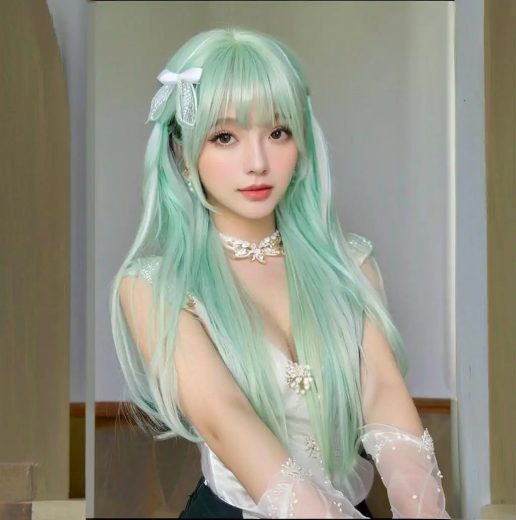 

Ladies' mint green long straight hair with air bangs synthetic full wig, elegant and gentle