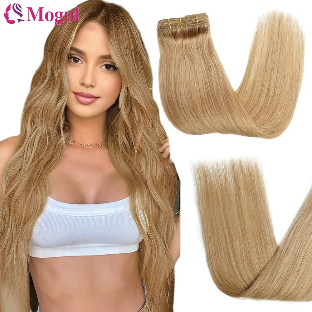 Honey Blonde Clip in Hair Extensions 27# Real Natural Hair Remy Straight Set 7 Pcs Brazilian Clip in Human Hair Extensions Women