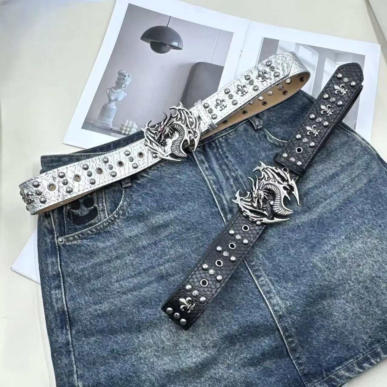 Paski gotyckie Y2K damskie męskie luksusowe marki gotyckie damskie hip hop punk z nitami z nadrukiem szkieletu pasek do spodni jeansowych