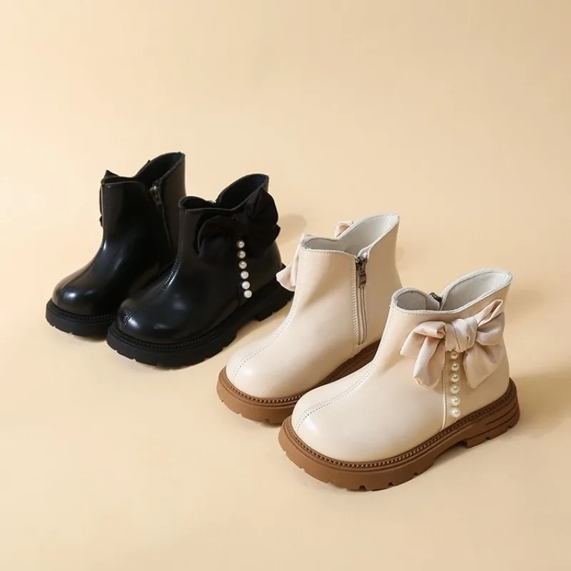 Girls Leather Boots with Big Sweet Bows Kids Ankle Boots Round Toes Soft Sole 2026 Autumn Children Princess Short Boots Elegant