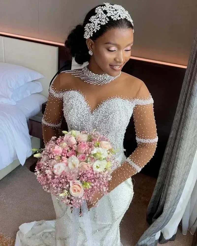 

Customized Rhinestone Long Sleeve Detachable Trailing Wedding Dress Sexy African High Neckline Mermaid Wedding Dress