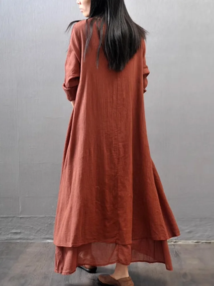 Nowa Letnia Sukienka Damska z Bawełny i Lnu, Długa, Codzienna, z Długim Rękawem, Dekolt w Serek, Luźna, Elegancka, Vintage, Wakacyjna, Plażowa Sukienka Damska