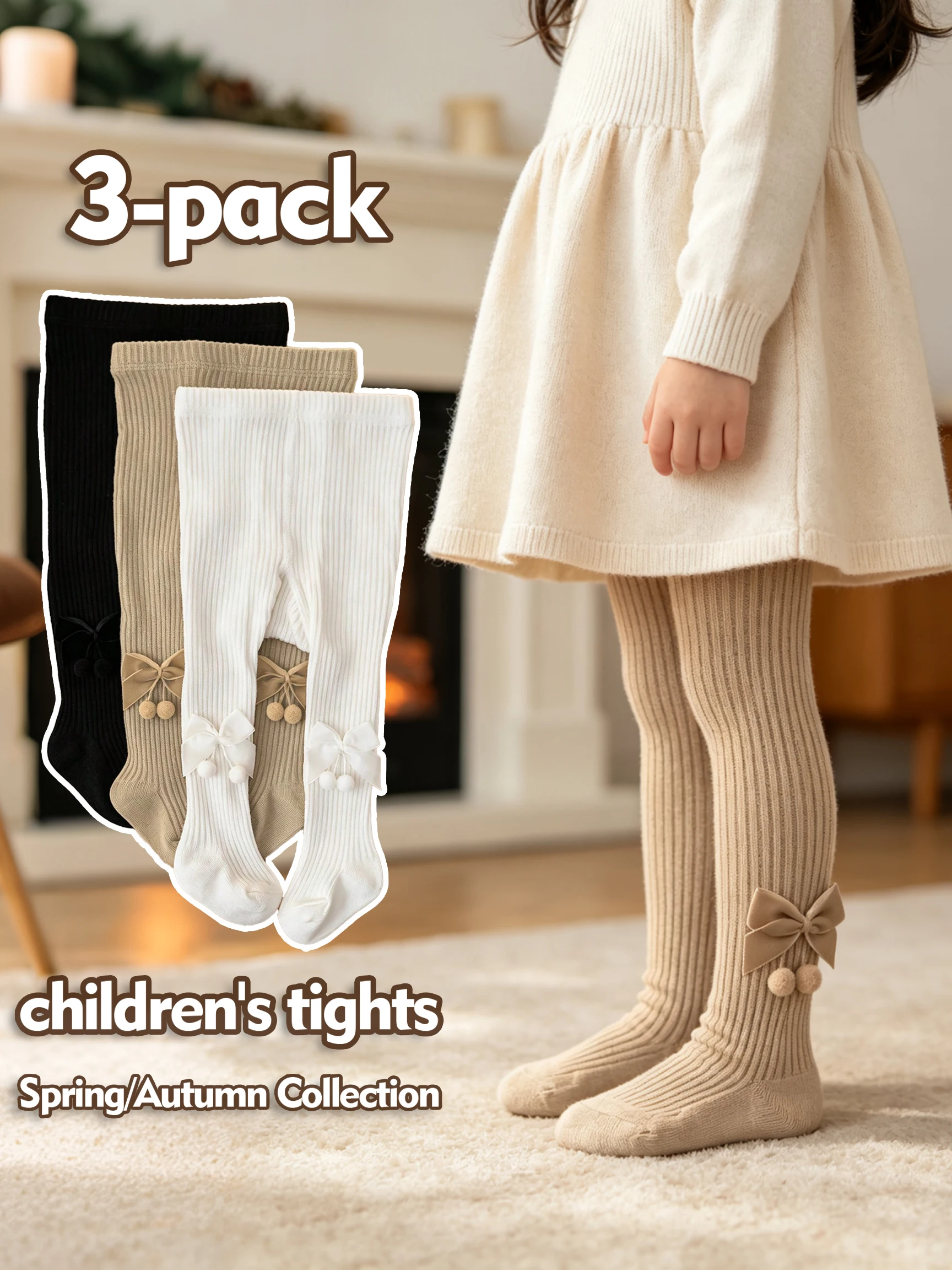 1/3Pcs Girls Bow Decor Tights Vintage Solid Knit Kids Pantyhose, Sweet Princess Style Children Leggings for Daily Autumn Outfits