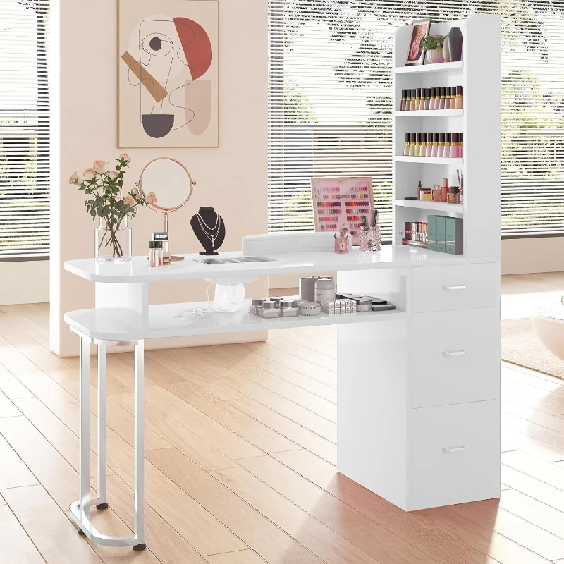 

Professional manicure table with side cabinets and large drawers, large manicure workstation with dust collector and wrist pad