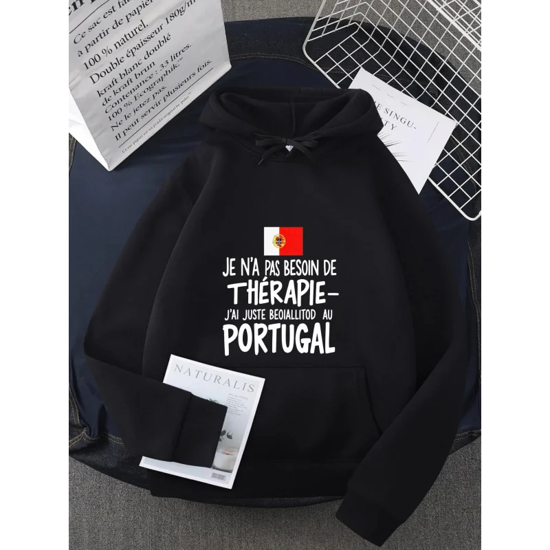 Men's Hoodie Black Portugal Flag Print I Don't Need Therapy I Just Need to Go to Portugal High Quality Cotton Casual Sweatshirt