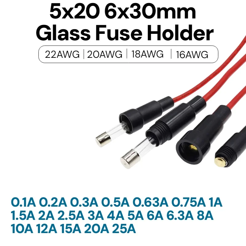 10pcs 5x20 6x30mm Glass Fuse Holder With Wire Cable Spring Copper Core Fuse Socket Fuse Tube Holder 22AWG 20AWG 18AWG 16AWG 250V