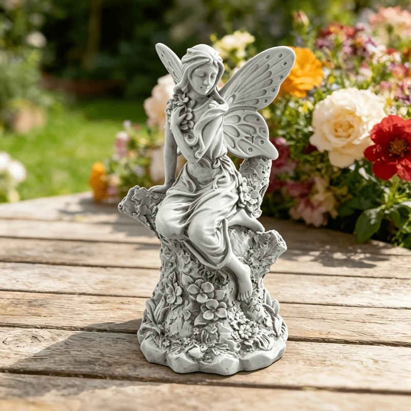Tree Stump Fairy Resin Statue Grey Vintage Stone Texture Outdoor Garden Ornament