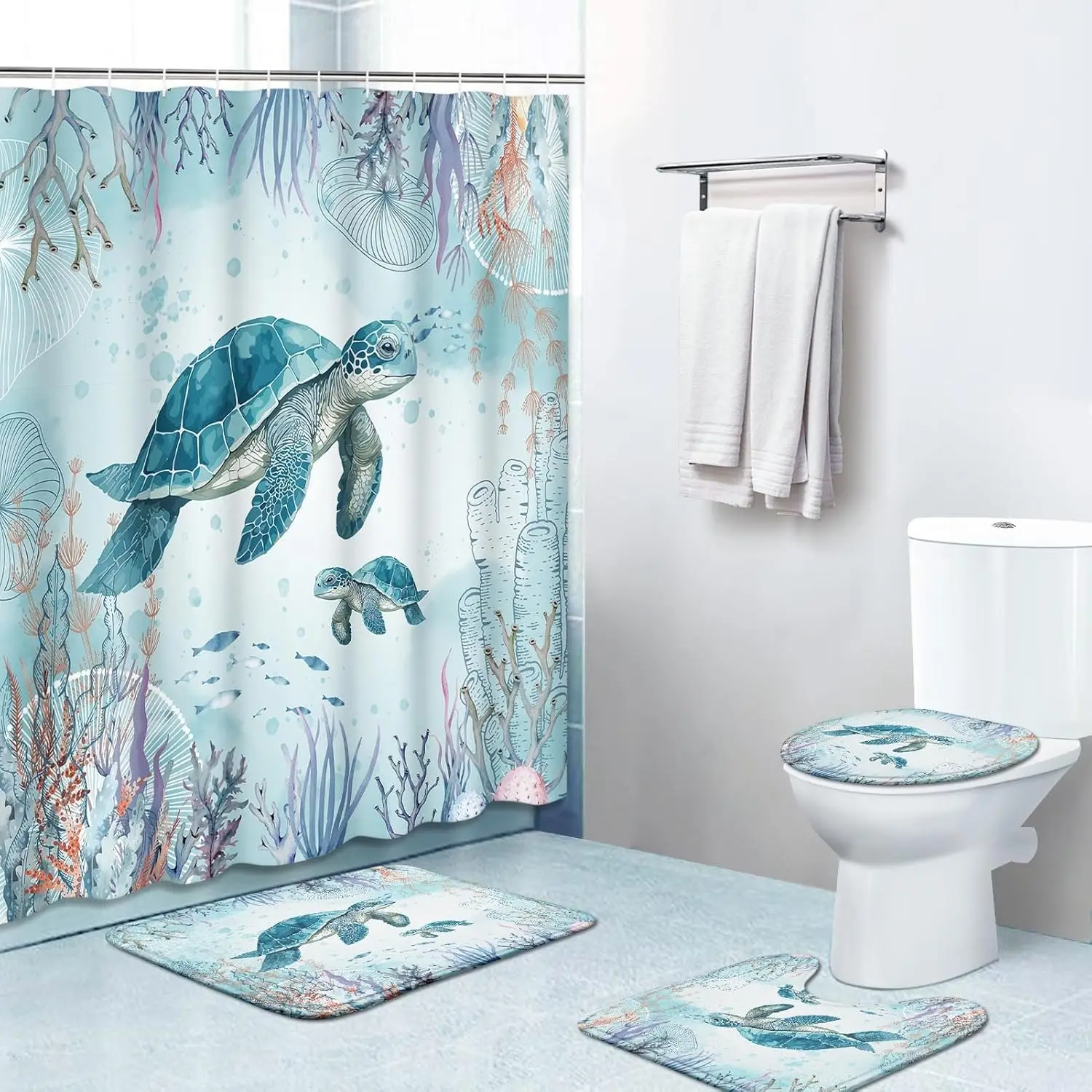 

4-компонентный костюм для занавески для душа, черепаха, крышка для унитаза и коврик для ванной с нескользящим ковром для декоративного костюма для ванной комнаты