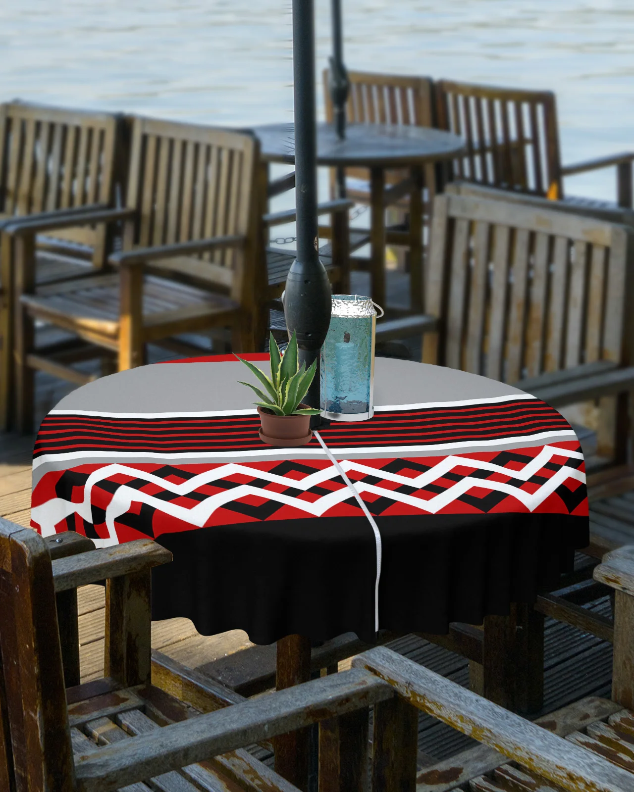 Red Black Grey Stripes Geometric Outdoor Tablecloth with Umbrella Hole Zippered Waterproof Picnic Patio Round Table Cover