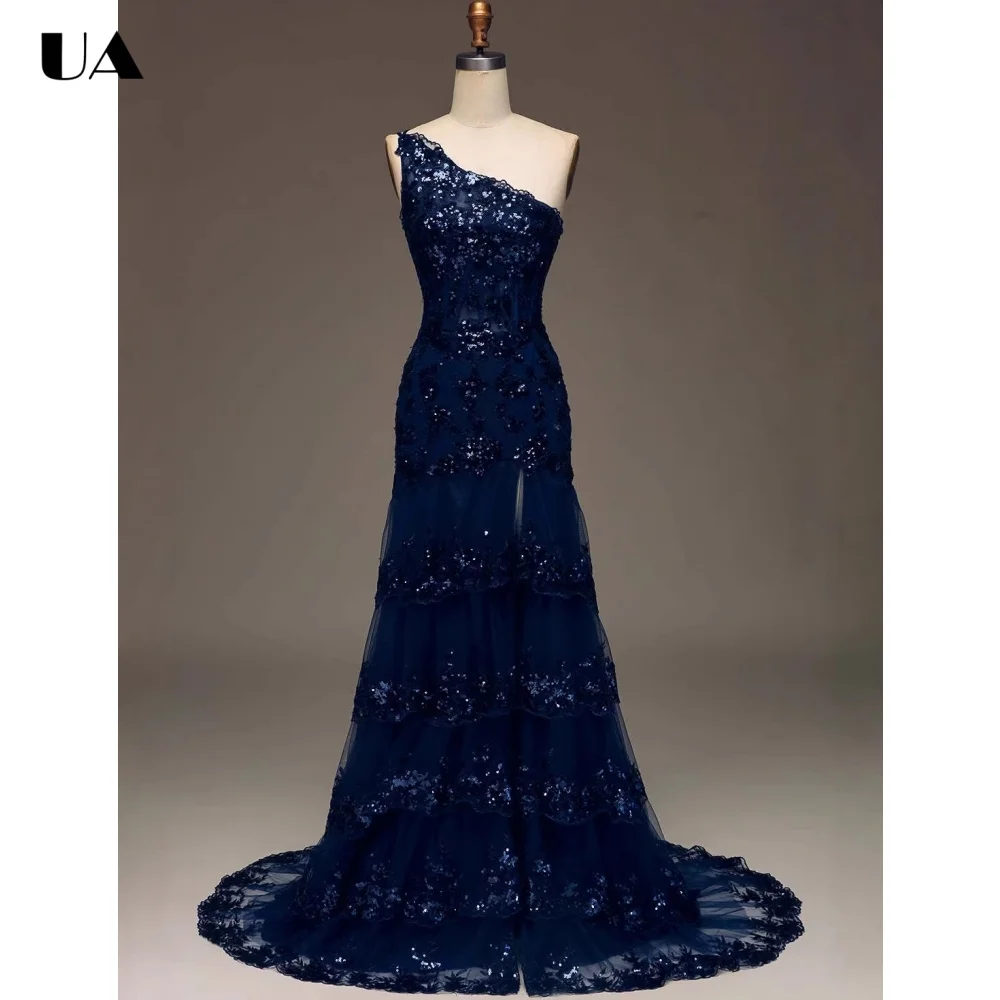 

ULBYANRY Customized Mesh A-line Tiered Evening Dress for Woman Sparkly Squined Floor-length Party Dress Sexy Backless Ball Gown