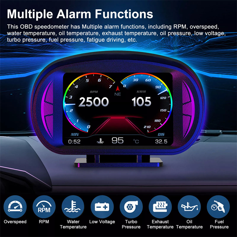  P2 Car Digital Speedometer OBD2 GPS HUD Gauge Auto Display with Water Oil Temp & Turbine Pressure On-board Computer Alarm 
