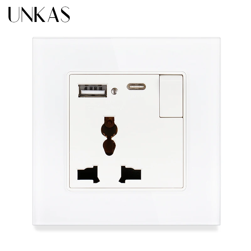 UNKAS 3 Hole Universal Socket Switched With Type C USB Charge Port For Mobile Output 5V 2.1A socket with switch