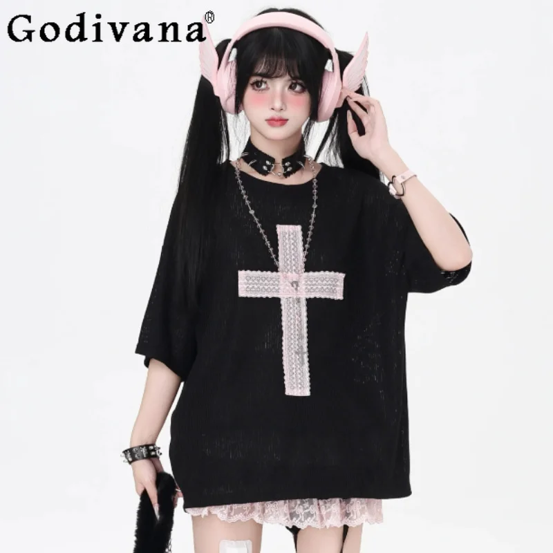 2026 Summer New Sweet Cool Subculture Loose and Versatile Short Sleeve T-shirt Fashion Round Neck Sexy Girl Age-reducing Tops