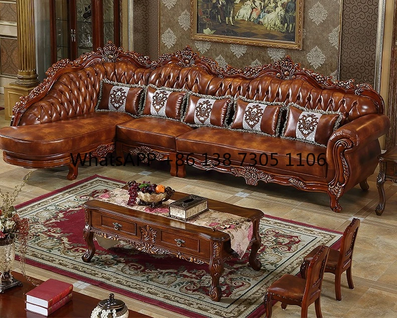 

European leather sofa living room small apartment L solid wood high-grade retro American corner combination furniture luxury